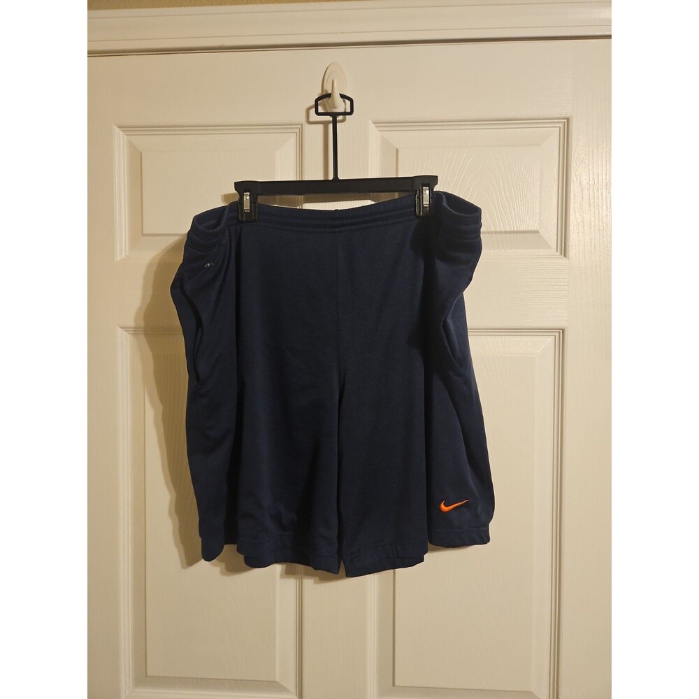 Nike Dri Fit Athletic Shorts Mens XL Waist 42" Navy Blue Orange Logo w/ Pockets